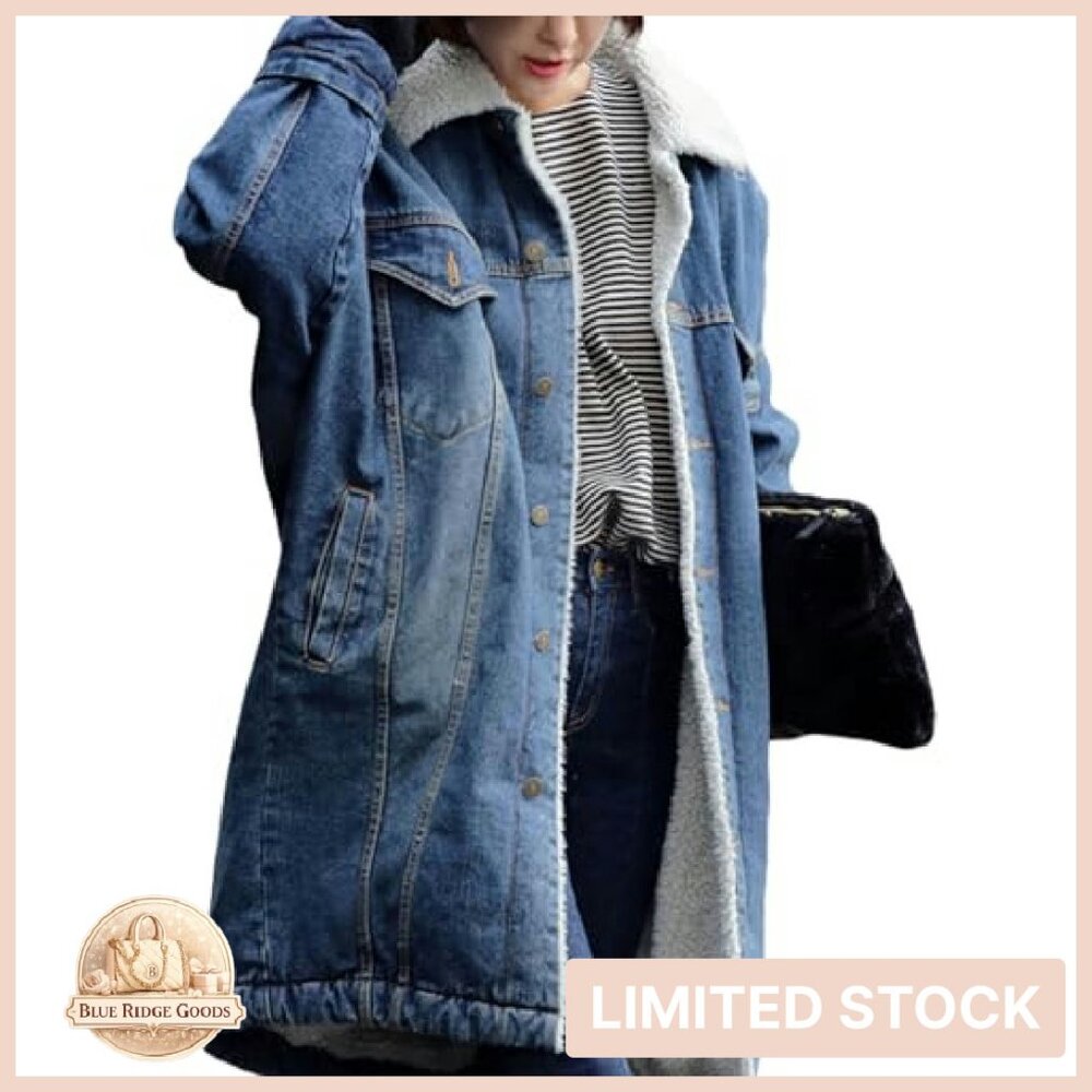 Long Sherpa Fleece Lined Denim Jacket Oversized Trucker Coat Vintage Style - Picture 4 of 7